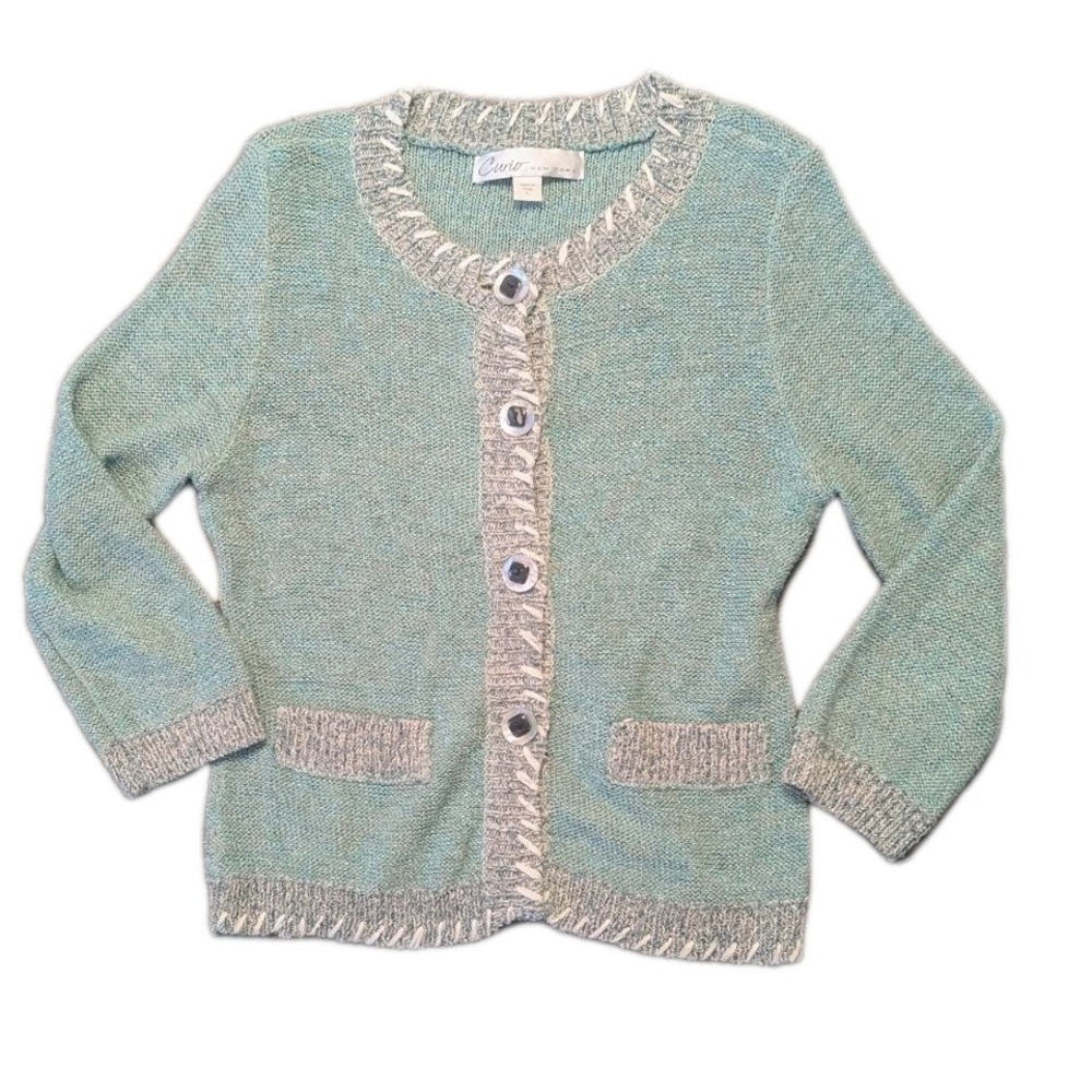 Vtg Curio L Cardigan Braided Trim Button Front Sea Foam‎ Green Artsy Art Teacher